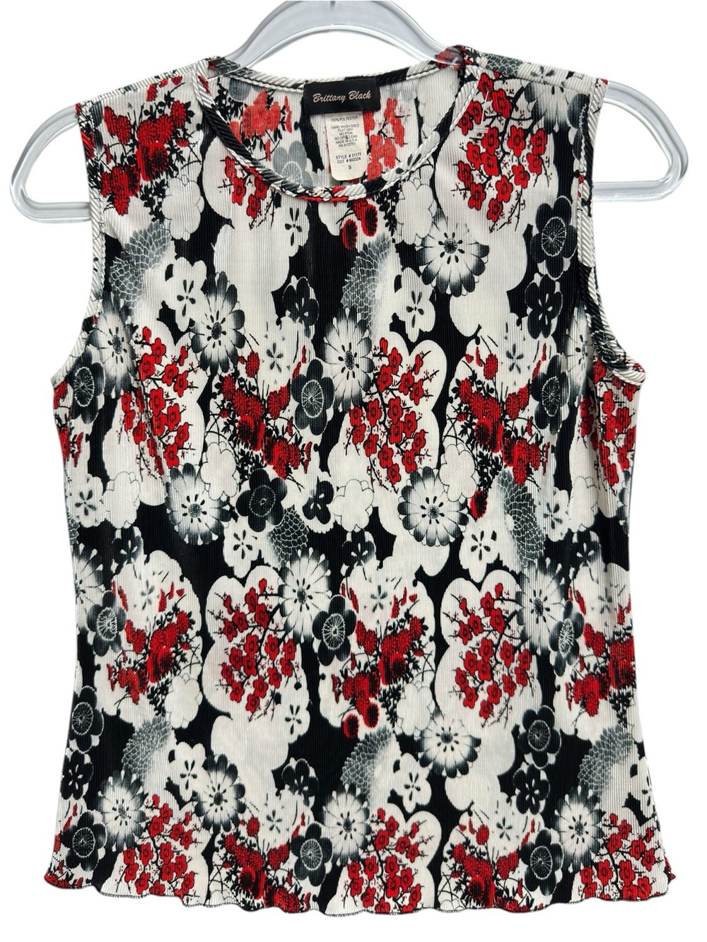 Silky Satin Pleated Crinkle Knit Abstract Contrast Floral Baby Blouse Tank Top